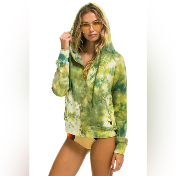 AVIATOR NATION RELAXED HAND DYED ZIP HOODIE - TIE DYE GREEN YELLOW | RARE! 💛💚 - Picture 1 of 16
